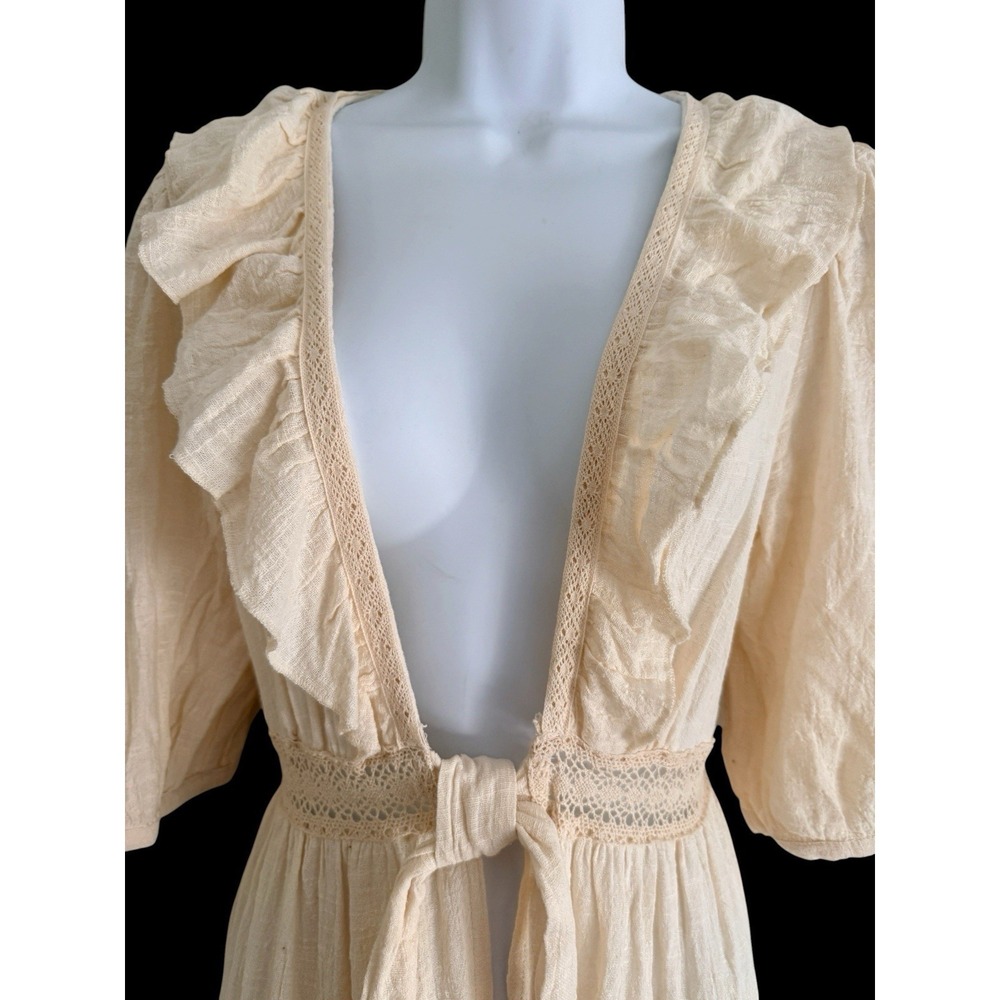 Anthropologie Maeve Gauze Duster M Tie Front Ecru  Ruffle Maxi Cottagecore - Picture 3 of 11